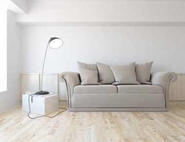Minimalist bir oturma odası ve ahşap zeminde bir kanepe. İç kısımları kuzeyli. 3B illüstrasyon