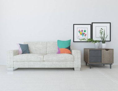 Beyaz minimalist oturma odasının içinde, ahşap zeminde kanepe var. İç kısımları kuzeyli. 3B illüstrasyon
