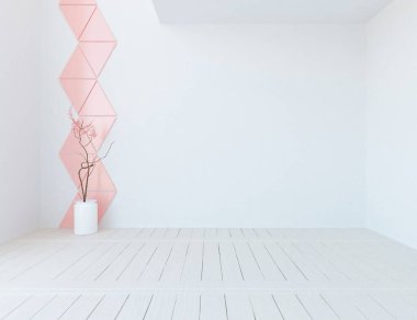 Dekoratif unsurlarla donatılmış pembe İskandinav odası fikri. İç kısımları kuzeyli. 3B illüstrasyon 