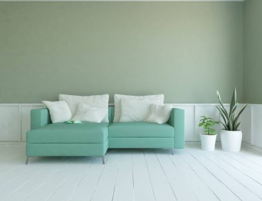 Ahşap zeminde kanepesi olan yeşil minimalist oturma odası. İç kısımları kuzeyli. 3B illüstrasyon