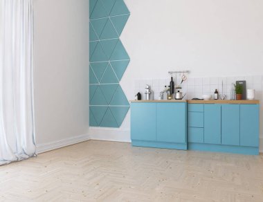 Beyaz minimalist mutfak odası. Ahşap zeminde yemek mobilyası var. İç kısımları kuzeyli. 3B illüstrasyon