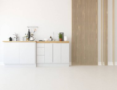 Beyaz minimalist mutfak odası. Ahşap zeminde yemek mobilyası var. İç kısımları kuzeyli. 3B illüstrasyon