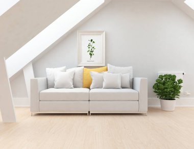 Beyaz minimalist oturma odasının içinde, ahşap zeminde kanepe var. İç kısımları kuzeyli. 3B illüstrasyon