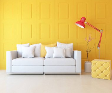 Sarı minimalist oturma odasının içinde ahşap bir zeminde kanepe var. İç kısımları kuzeyli. 3B illüstrasyon