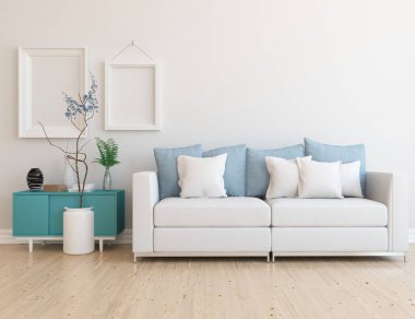 Minimalist bir oturma odası ve ahşap zeminde bir kanepe. İç kısımları kuzeyli. 3B illüstrasyon