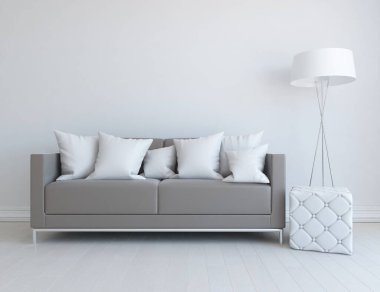 Minimalist bir oturma odası ve ahşap zeminde bir kanepe. İç kısımları kuzeyli. 3B illüstrasyon