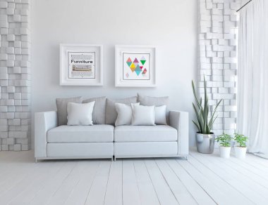 Beyaz minimalist oturma odasının içinde, ahşap zeminde kanepe var. İç kısımları kuzeyli. 3B illüstrasyon