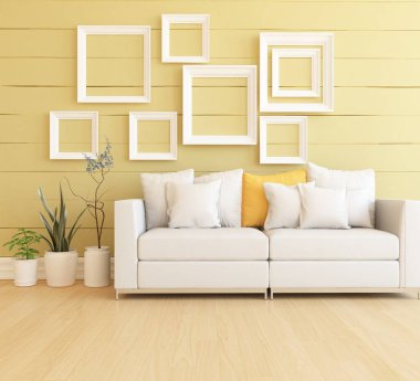 Sarı minimalist oturma odasının içinde ahşap bir zeminde kanepe var. İç kısımları kuzeyli. 3B illüstrasyon