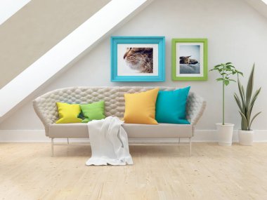 Minimalist bir oturma odası ve ahşap zeminde bir kanepe. İç kısımları kuzeyli. 3B illüstrasyon