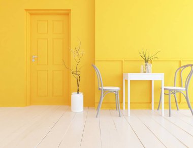 İskandinav odasının mutfağın içinde olması fikri. İç kısımları kuzeyli. 3B illüstrasyon 