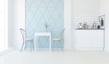 Beyaz minimalist mutfak odası. Ahşap zeminde yemek mobilyası var. İç kısımları kuzeyli. 3B illüstrasyon