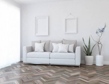 Beyaz minimalist oturma odasının içinde, ahşap zeminde kanepe var. İç kısımları kuzeyli. 3B illüstrasyon