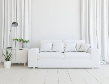 Beyaz minimalist oturma odasının içinde, ahşap zeminde kanepe var. İç kısımları kuzeyli. 3B illüstrasyon