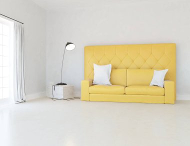 Beyaz minimalist oturma odasının içinde, ahşap zeminde kanepe var. İç kısımları kuzeyli. 3B illüstrasyon