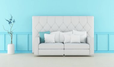 Mavi minimalist bir oturma odası ve ahşap zeminde bir kanepe. İç kısımları kuzeyli. 3B illüstrasyon