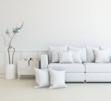 Beyaz minimalist oturma odasının içinde, ahşap zeminde kanepe var. İç kısımları kuzeyli. 3B illüstrasyon