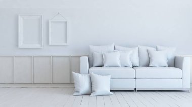 Beyaz minimalist oturma odasının içinde, ahşap zeminde kanepe var. İç kısımları kuzeyli. 3B illüstrasyon