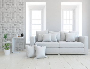 Beyaz minimalist oturma odasının içinde, ahşap zeminde kanepe var. İç kısımları kuzeyli. 3B illüstrasyon