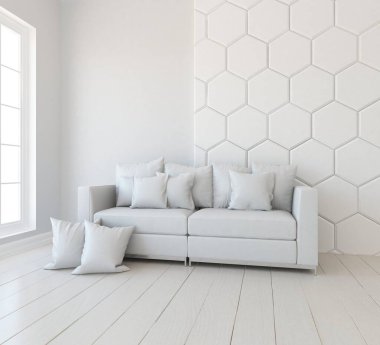 Beyaz minimalist oturma odasının içinde, ahşap zeminde kanepe var. İç kısımları kuzeyli. 3B illüstrasyon