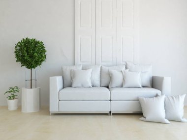 Beyaz minimalist oturma odasının içinde, ahşap zeminde kanepe var. İç kısımları kuzeyli. 3B illüstrasyon