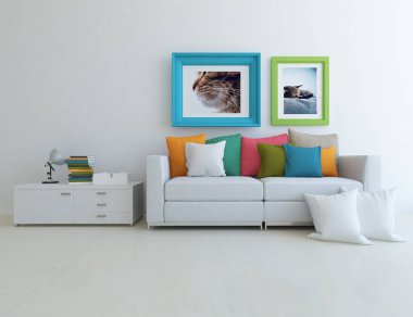 Beyaz minimalist oturma odasının içinde, ahşap zeminde kanepe var. İç kısımları kuzeyli. 3B illüstrasyon