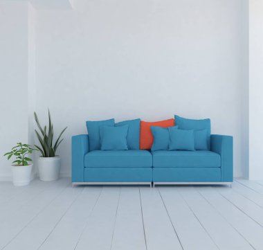 Beyaz minimalist oturma odasının içinde, ahşap zeminde kanepe var. İç kısımları kuzeyli. 3B illüstrasyon