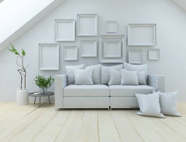 Beyaz minimalist oturma odasının içinde, ahşap zeminde kanepe var. İç kısımları kuzeyli. 3B illüstrasyon