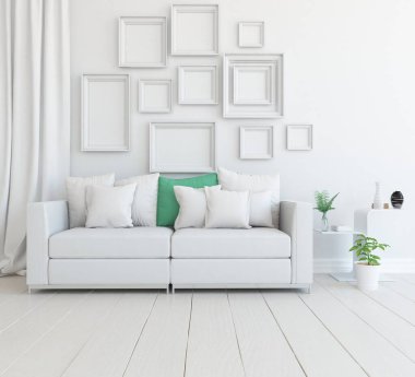 Beyaz minimalist oturma odasının içinde, ahşap zeminde kanepe var. İç kısımları kuzeyli. 3B illüstrasyon