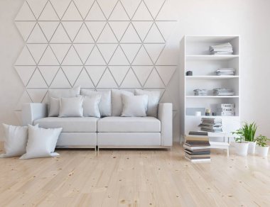 Beyaz minimalist oturma odasının içinde, ahşap zeminde kanepe var. İç kısımları kuzeyli. 3B illüstrasyon