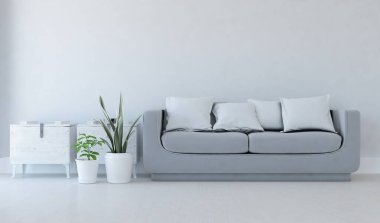 Beyaz minimalist oturma odasının içinde, ahşap zeminde kanepe var. İç kısımları kuzeyli. 3B illüstrasyon