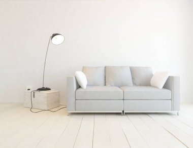 Beyaz minimalist oturma odasının içinde, ahşap zeminde kanepe var. İç kısımları kuzeyli. 3B illüstrasyon