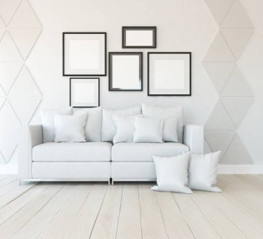 Beyaz minimalist oturma odasının içinde, ahşap zeminde kanepe var. İç kısımları kuzeyli. 3B illüstrasyon
