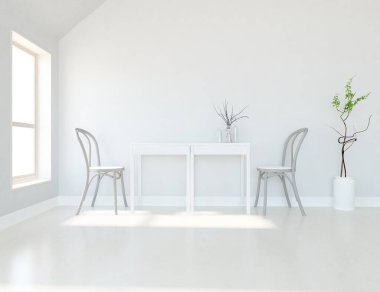 Ahşap zeminli hafif minimalist oda. İç kısımları kuzeyli. 3B illüstrasyon