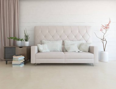 Beyaz minimalist oturma odasının içinde, ahşap zeminde kanepe var. İç kısımları kuzeyli. 3B illüstrasyon