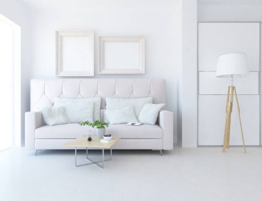 Beyaz minimalist oturma odasının içinde, ahşap zeminde kanepe var. İç kısımları kuzeyli. 3B illüstrasyon
