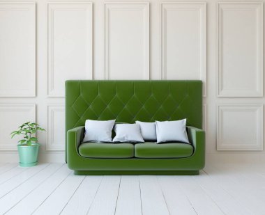 Beyaz minimalist oturma odasının içinde, ahşap zeminde kanepe var. İç kısımları kuzeyli. 3B illüstrasyon