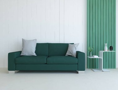 Beyaz minimalist oturma odasının içinde, ahşap zeminde kanepe var. İç kısımları kuzeyli. 3B illüstrasyon