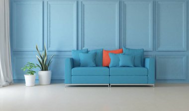 Mavi minimalist bir oturma odası ve ahşap zeminde bir kanepe. İç kısımları kuzeyli. 3B illüstrasyon