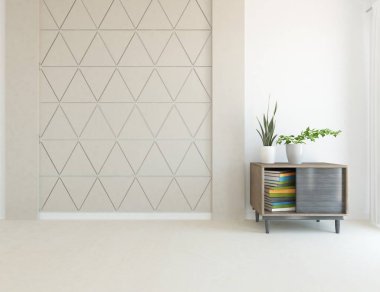 Dekoratif unsurlarla dolu boş bir İskandinav odası fikri. İç kısımları kuzeyli. 3B illüstrasyon 