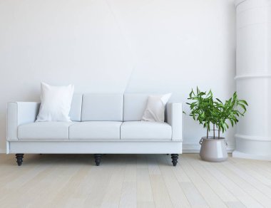 Beyaz minimalist oturma odasının içinde, ahşap zeminde kanepe var. İç kısımları kuzeyli. 3B illüstrasyon