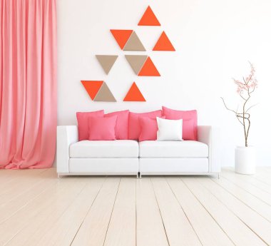 Pembe minimalist oturma odasının içinde ahşap bir zeminde kanepe var. İç kısımları kuzeyli. 3B illüstrasyon