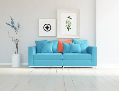 Minimalist bir oda ve kanepe. İç kısımları kuzeyli. 3B illüstrasyon