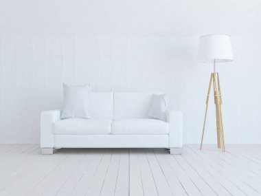 Beyaz minimalist oturma odasının içinde, ahşap zeminde kanepe var. İç kısımları kuzeyli. 3B illüstrasyon