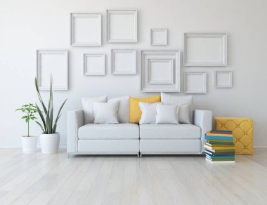 Beyaz minimalist oturma odasının içinde, ahşap zeminde kanepe var. İç kısımları kuzeyli. 3B illüstrasyon