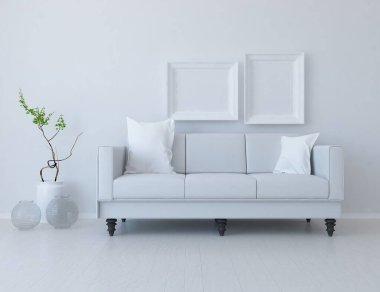 Beyaz minimalist oturma odasının içinde, ahşap zeminde kanepe var. İç kısımları kuzeyli. 3B illüstrasyon