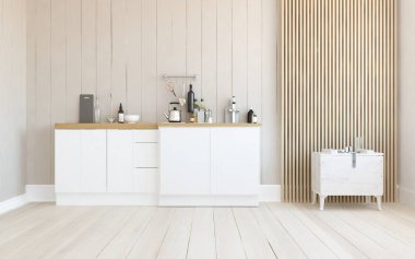 Beyaz minimalist mutfak odası. Ahşap zeminde yemek mobilyası var. İç kısımları kuzeyli. 3B illüstrasyon