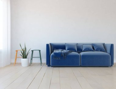 Beyaz minimalist oturma odasının içinde, ahşap zeminde kanepe var. İç kısımları kuzeyli. 3B illüstrasyon