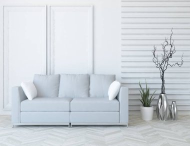 Minimalist bir oturma odası ve ahşap zeminde bir kanepe. İç kısımları kuzeyli. 3B illüstrasyon