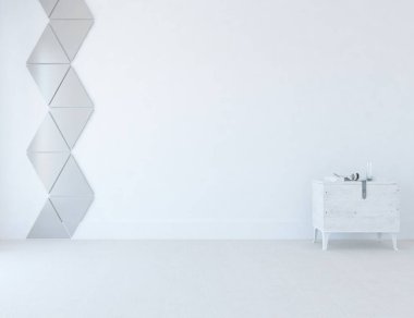 Ahşap zeminli hafif minimalist oda. İç kısımları kuzeyli. 3B illüstrasyon