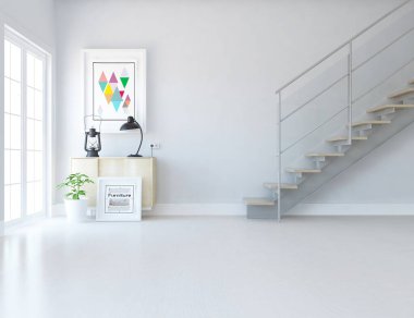 İçi lambayla dolu boş minimalist oda. Arkaplan iç mimarisi. İç kısımları kuzeyli. 3B illüstrasyon